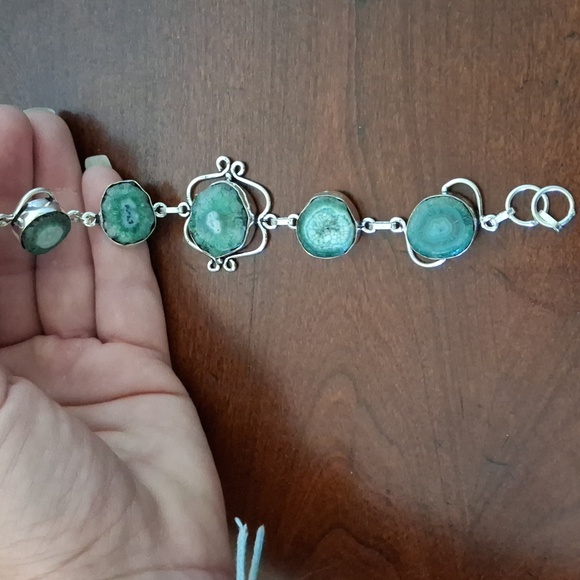 New Green Solar Slice Agate Geode 925 Silver Bracelet. - Picture 10 of 10